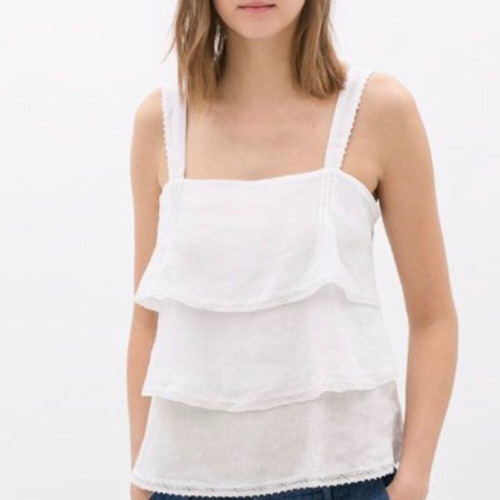 Zara White Tiered Ruffle Tank Top Size Small